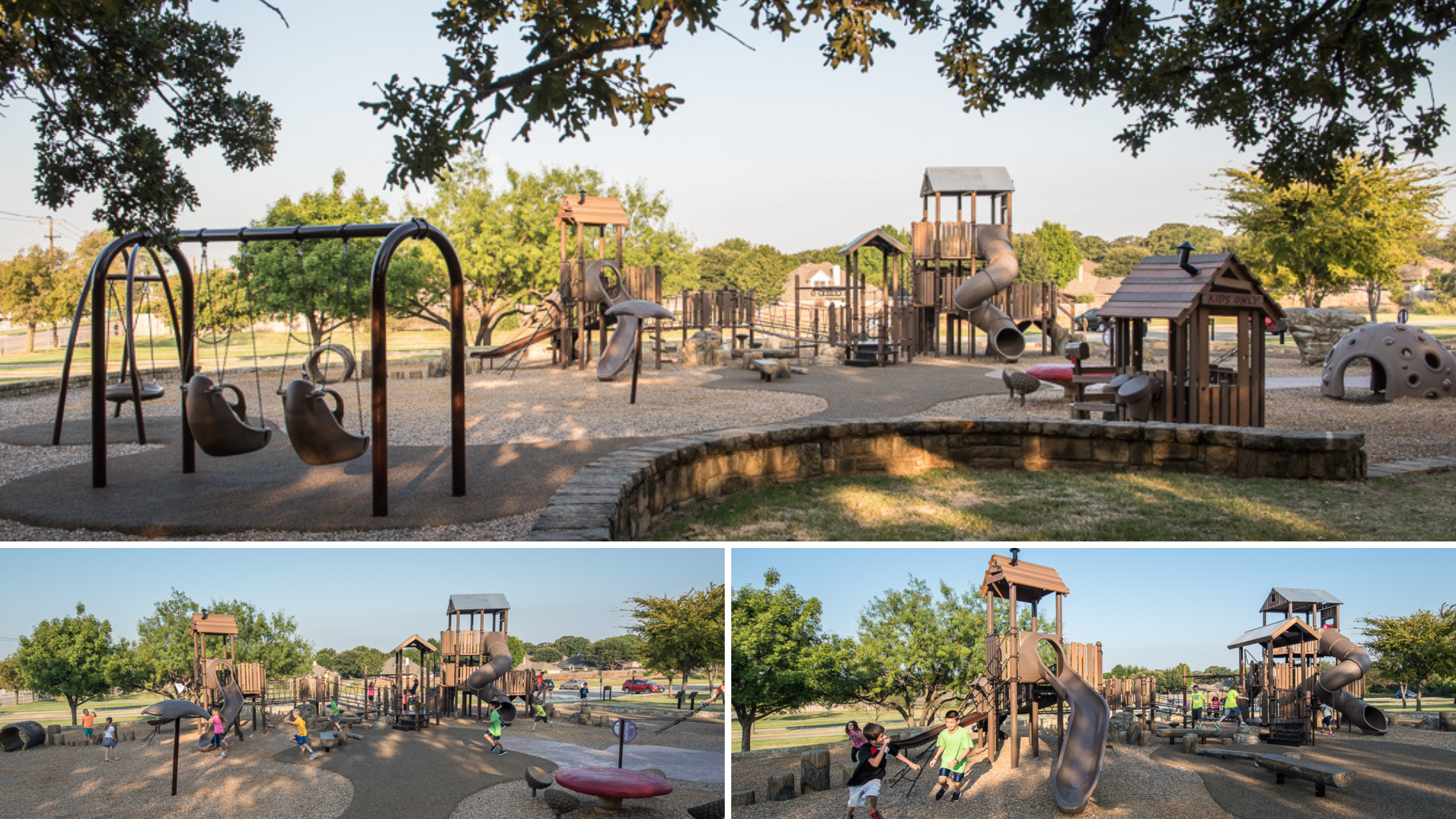 Inclusive playground at Adventure World All Abilities Playground in North Richland Hills, TX, featuring a Landscape Structures PlayBooster® structure with natural-looking climbers, slides, and activity panels.