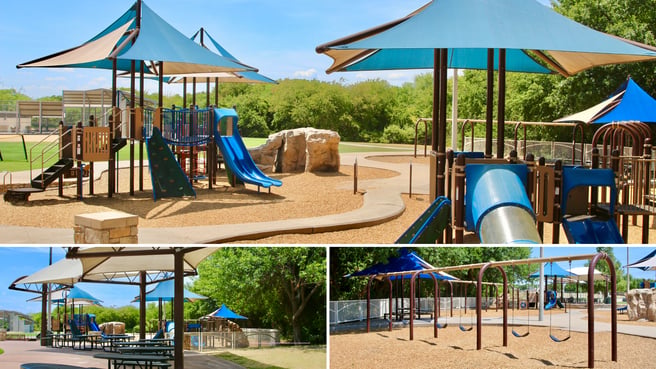 Two shaded PlayBooster structures and swing set at Archgate Park in Plano, Texas