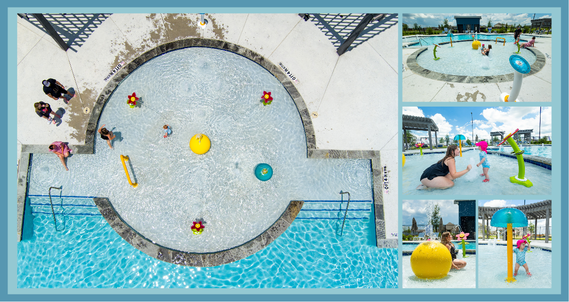 Acrylic Tot Shower Dome and Tot Arch Bar offering gentle, low-height water play at Coyote Meadows Splash Pad in Anna, TX.