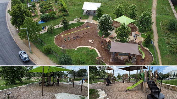 Alderbrook Pocket Park playground in Austin, Texas, featuring a Landscape Structures Motion nature-themed play structure for toddlers and a shaded PlayBooster structure for school-age children.