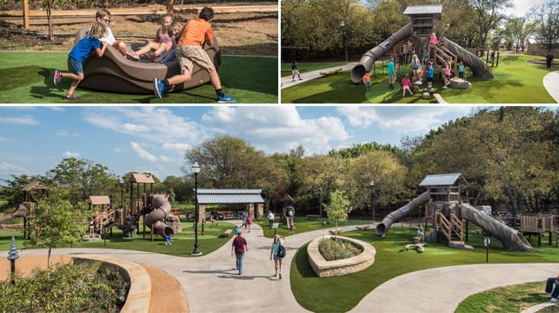 Children playing on a nature-themed PlayBooster® playground with a log tunnel slide and rock climber at Beard Park in Little Elm, TX.