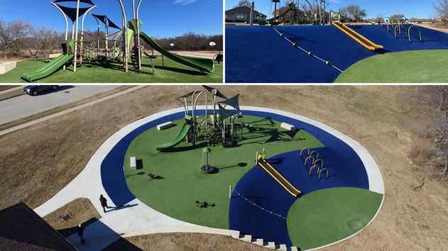 Children's playground at Bill Allen Memorial Park in The Colony featuring a Landscape Structures Smart Play Tree Tops multi-level play structure with blue and green turf surfacing.