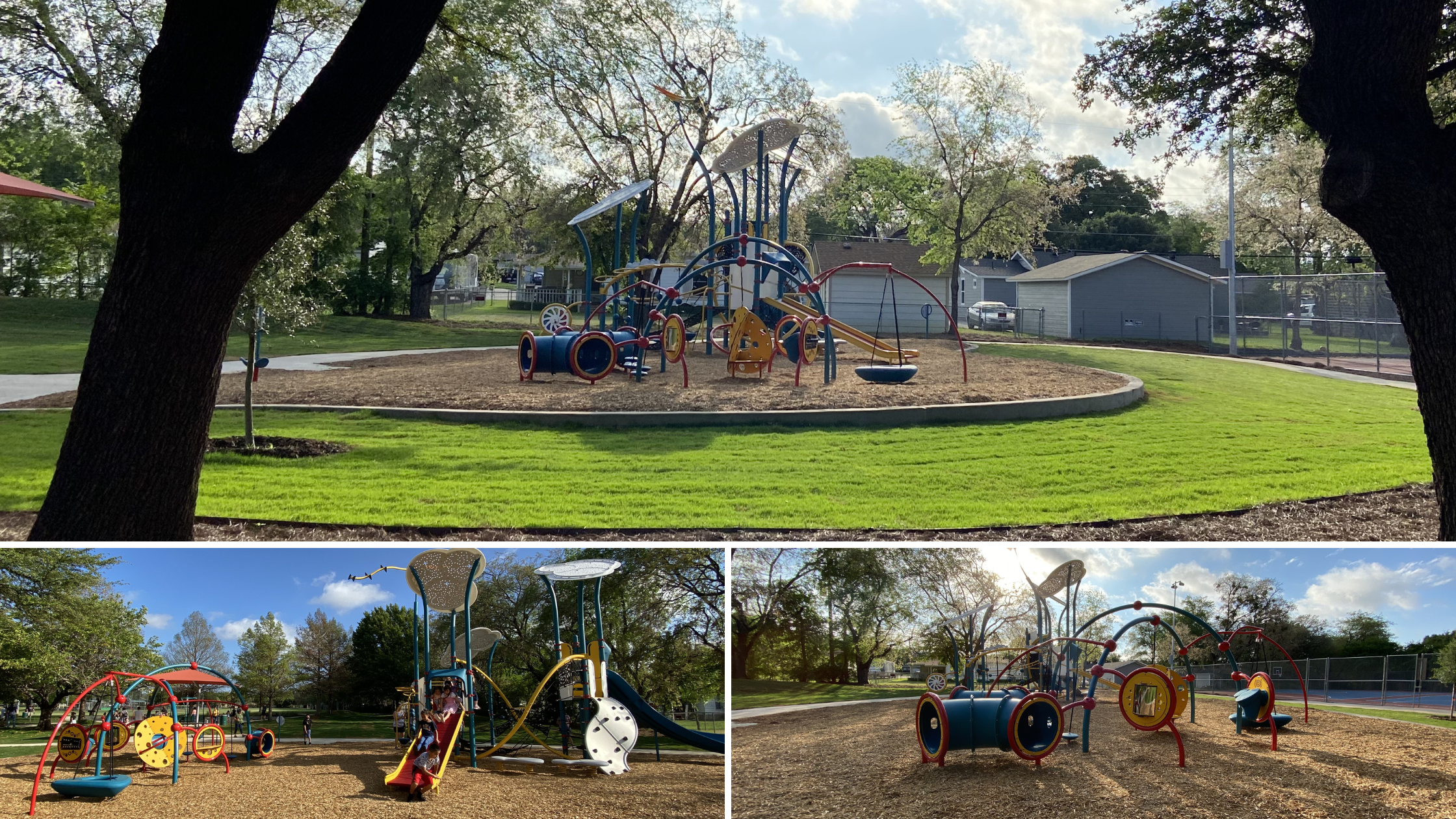 Smart Play® Billows® playground structure at Broadway Park in Haltom City, Texas, featuring cloud-shaped shade structures, Alpine® Slide, and Mobius® Climber for children ages 5 to 12.