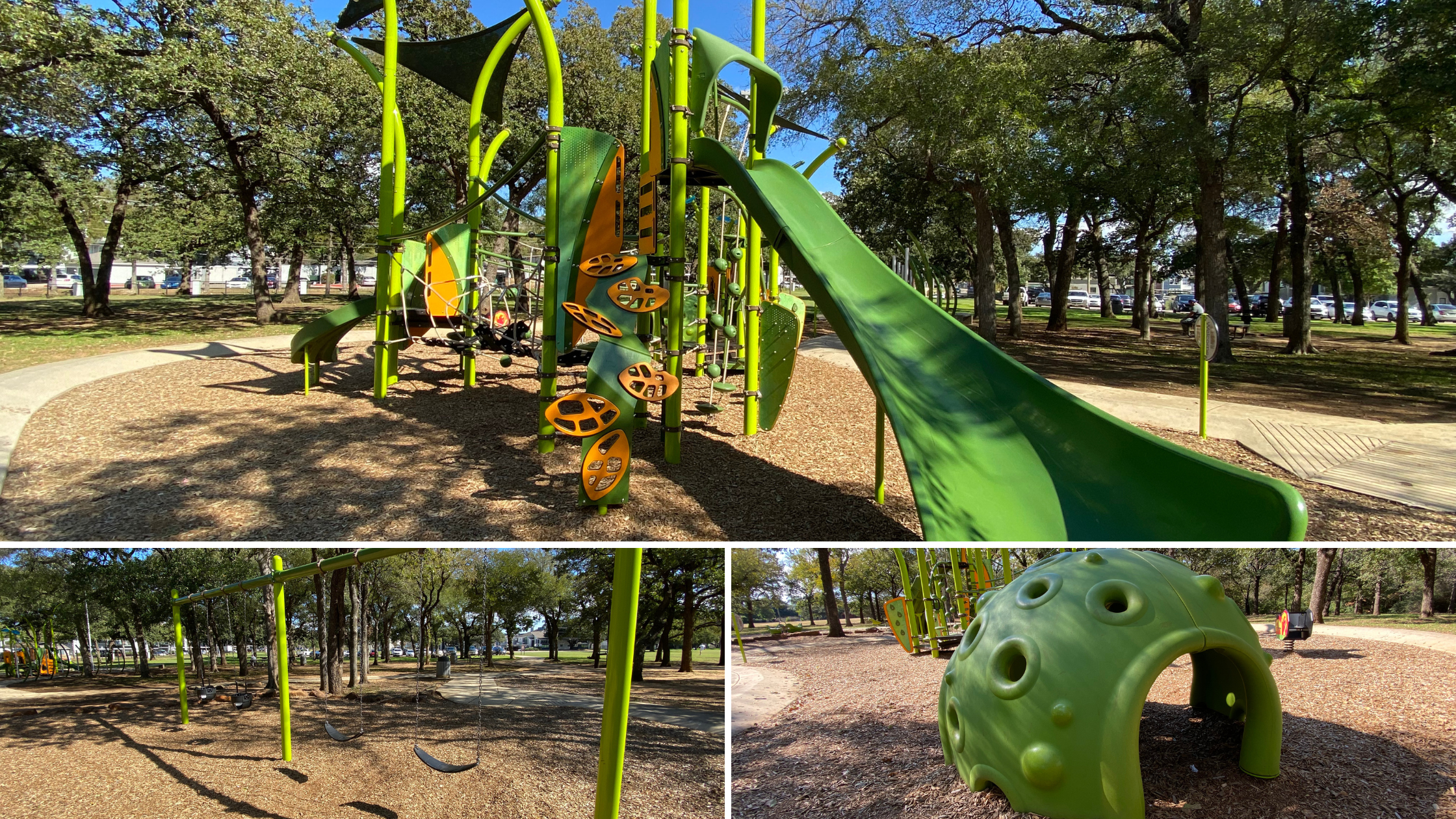 Smart Play® Tree Tops® playground structure at Clarence Thompson Park in Arlington, Texas, featuring multi-level forest canopy play with wiggly bridges, O-Zone® 3-ring climber, and dual slides for children ages 5 to 12.