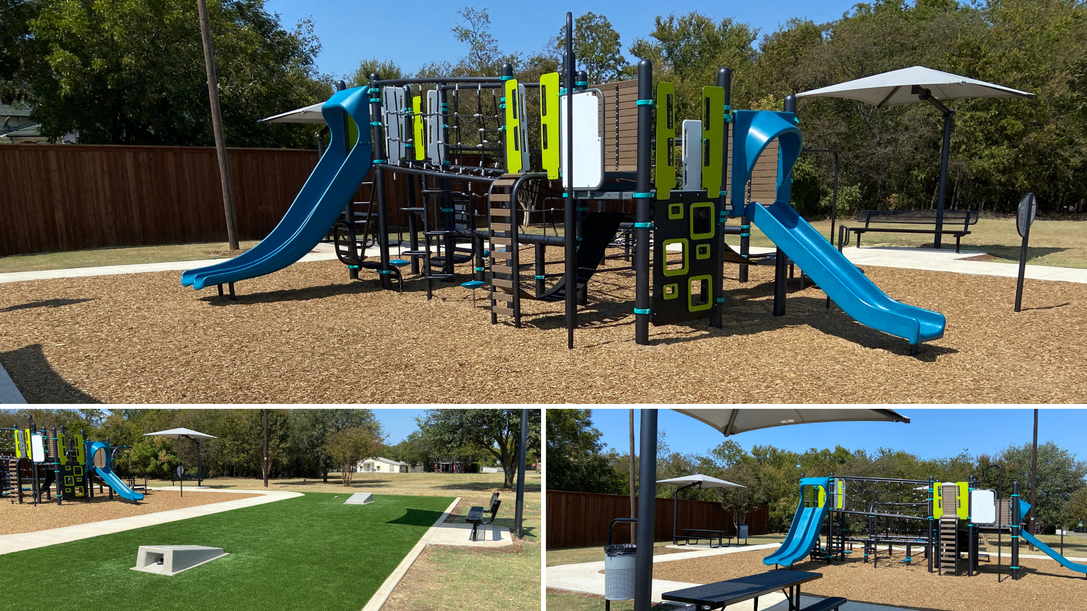 Venti® playground structure at Clark Park in Burleson, Texas, featuring nets, slides, belts, and climbers with Cantilever shade structures, integrated into a retail neighborhood setting.