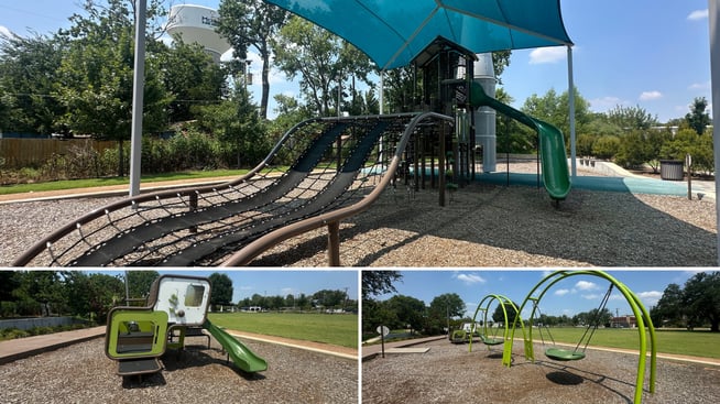 Custom cotton gin silo tower and net structure with ZipKrooz zipline at Cottonwood Park in McKinney, Texas