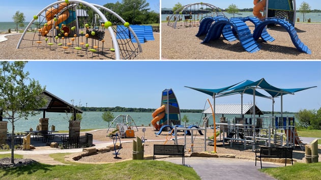 Nautical-themed playground at Cottonwood Park in Little Elm, TX, featuring the Smart Play Venti structure with SkyWays Hypar Shades overlooking the marina.