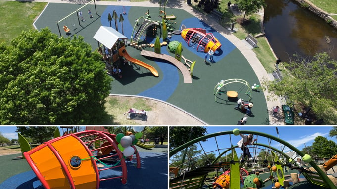 Caruth Park playground with Bass Fish Climber in University Park, TX — installed by Whirlix Design