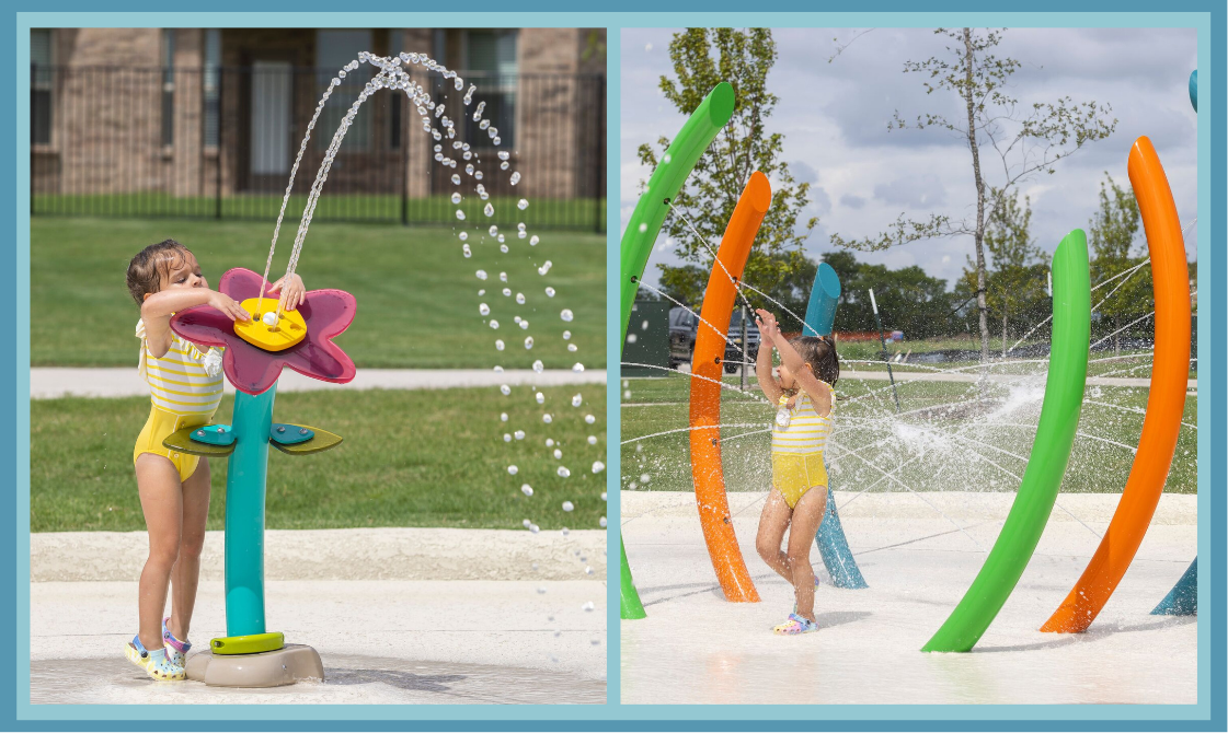FloraSwirl and WhirlFlex spray features with jumping streams and a water bucket at Legacy Ranch Splash Pad in Melissa, TX.