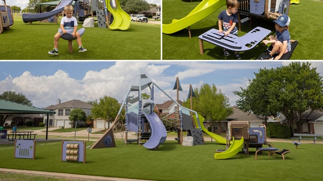 Daffodil Park playground in Lewisville, TX featuring the Smart Play Summit climbing structure with the Switchback Climber and Alpine Slide.