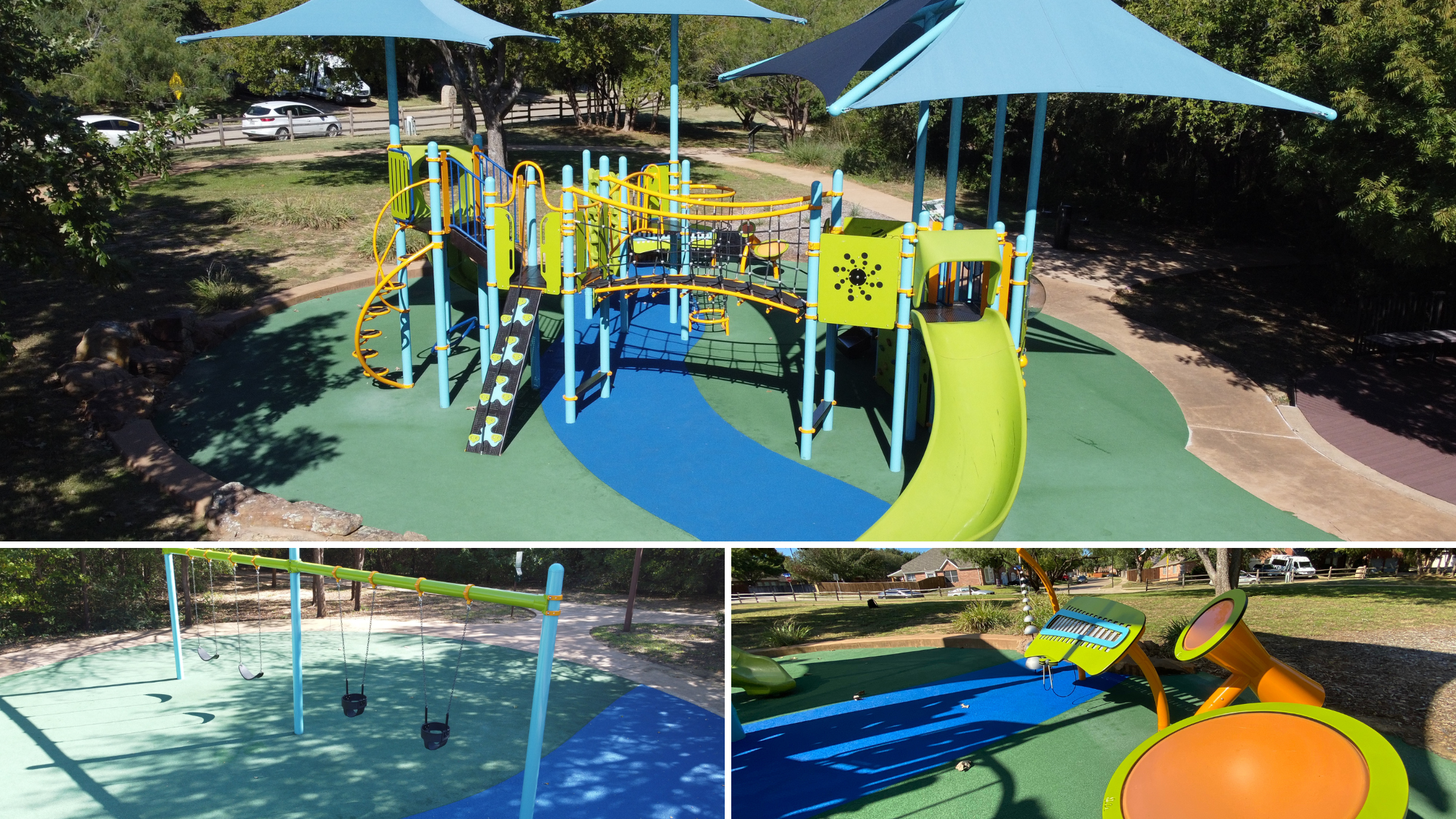 Landscape Structures PlayBooster® playground at Dixon W. Holman Park in Arlington, Texas, featuring climbing events and slides for children ages 5 to 12 with integrated shade throughout.