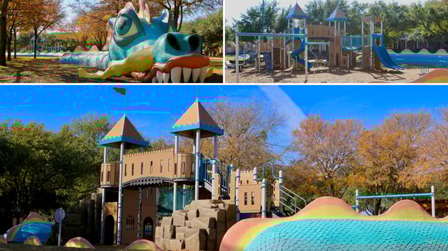 Dragon Park Lewisville TX — castle-themed playground with dragon sculpture, PlayBooster® castle structure, and poured-in-place safety surfacing for ages 2–12.