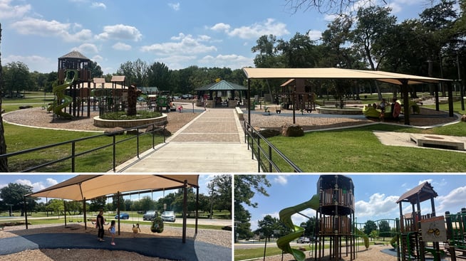 12-foot PlayOdyssey Tower with SkyWays shade and mixed safety surfacing at Finch Park in McKinney, Texas