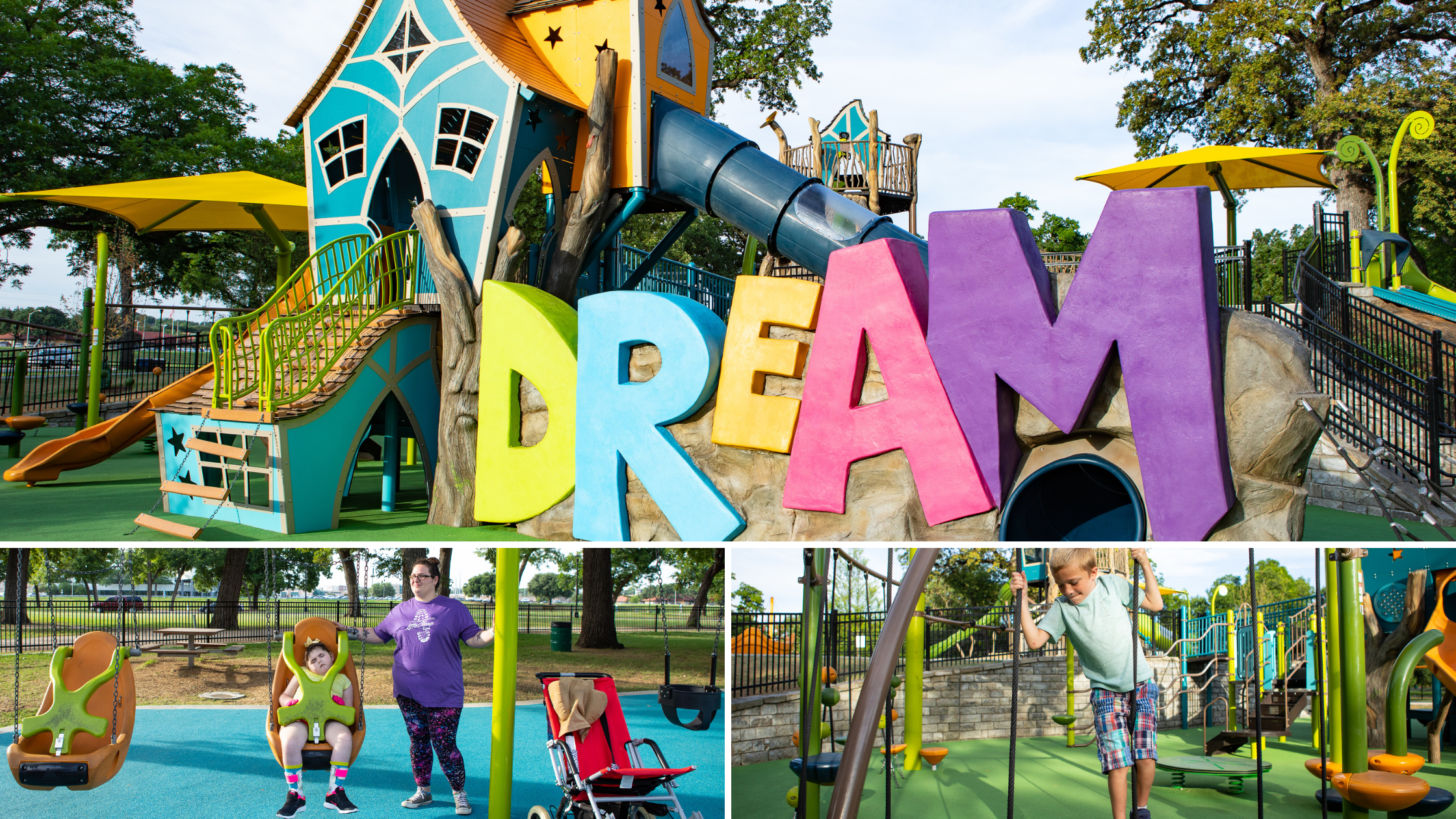 Frank Kent's Dream Park in Fort Worth, Texas, featuring a concrete DREAM climber, fairy house play structures, hot air balloon play area, and Double ZipKrooz®, designed by Whirlix Design.