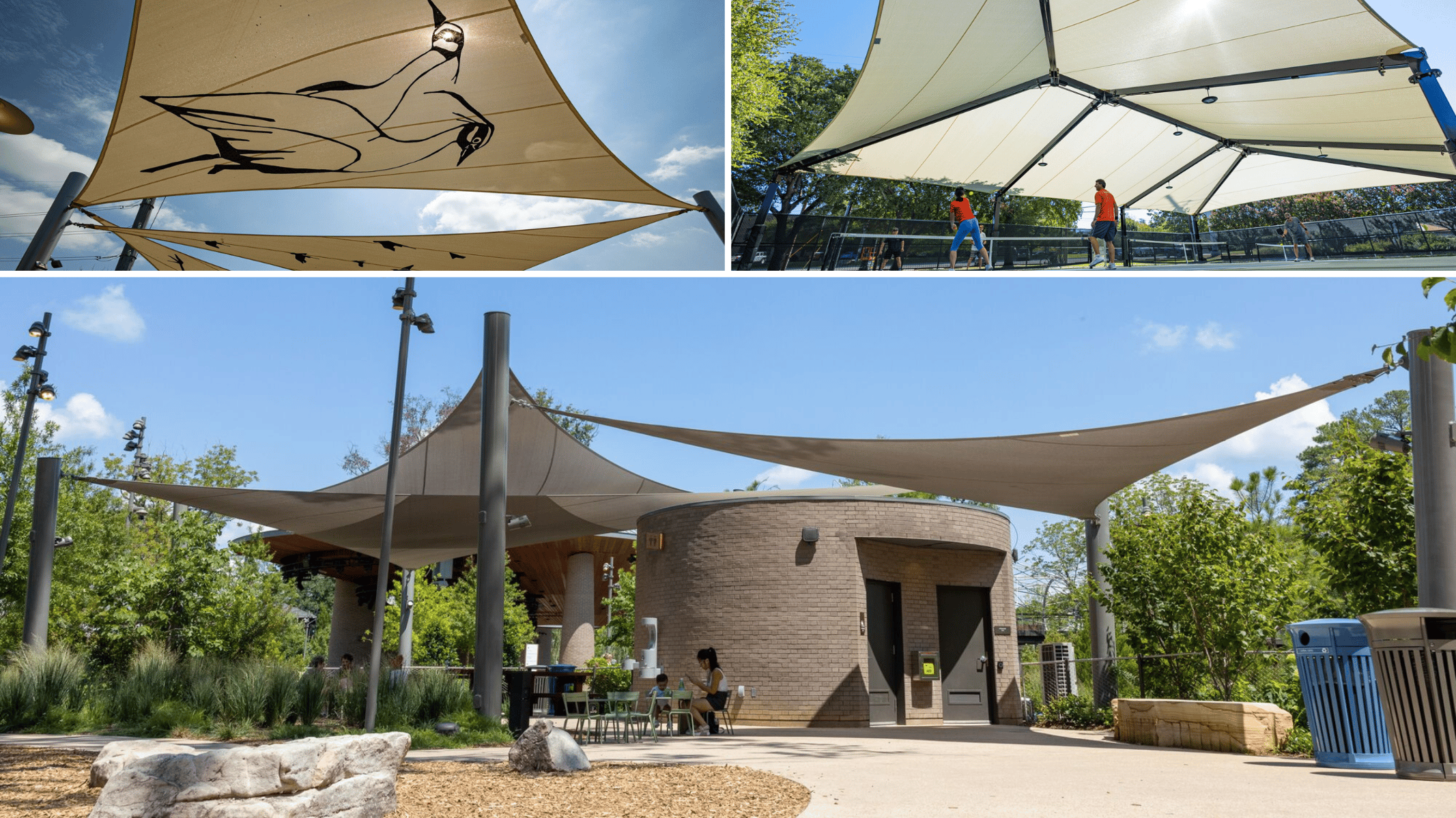 Various outdoor fabric shade structures featuring sail-like canopies in white and earth tones, providing elegant overhead protection from sun