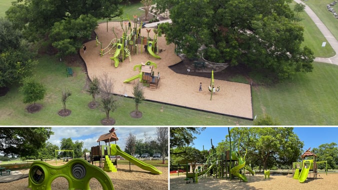 PlayBooster® playground structure at Olson Meadows Park in Round Rock, Texas, featuring Seek and Find Medallions and a Sensory Play Center Wall, with a separate PlayShaper® play area for younger children aged 2 to 5.
