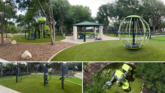 Friendly Oaks Park in Round Rock, Texas, featuring a PlayBooster® play structure, two-bay swing set, and HealthBeat® Outdoor Fitness System surrounded by open green space.