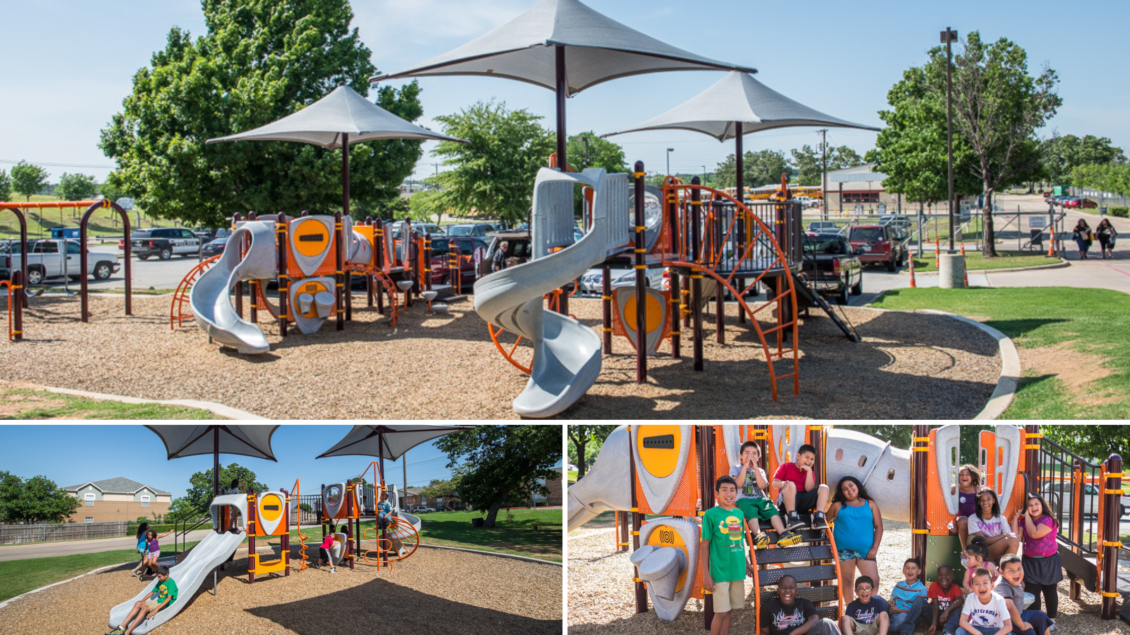 Landscape Structures playground at Grapevine Community Center in Grapevine, Texas, featuring age-separated play structures with slides and climbers beneath CoolTopper® integrated shade, surrounded by concrete borders and engineered wood fiber safety surfacing.
