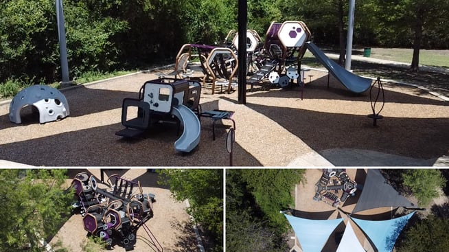 Geometric Hedra play structure with shade and engineered wood fiber surfacing at Greenville Heights Park in Allen, Texas
