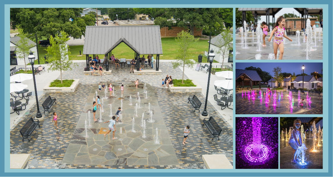 Programmable LED jumping jets arcing over an open splash pad at Geyer Commons in Mansfield, TX.
