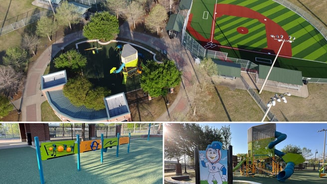 Three-story Volo Aire tower with perforated panels and inclusive play equipment at Harold Bacchus Community Park in Frisco, Texas