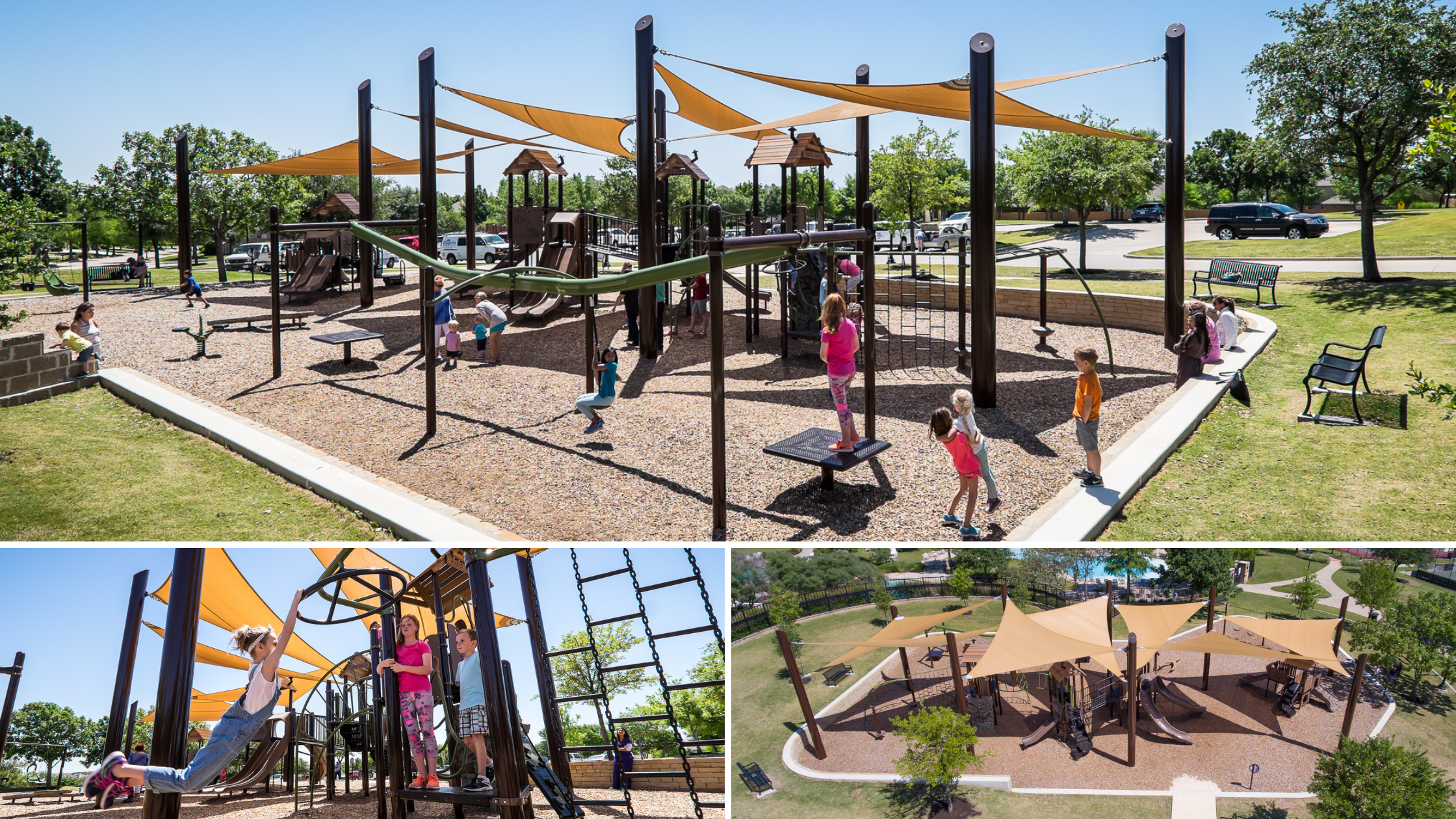 Landscape Structures PlayBooster® playground at Heritage PID 7 in Fort Worth, Texas, featuring Canyon Collection® rock climbing walls, bridges, and spinners for children ages 5 to 12.