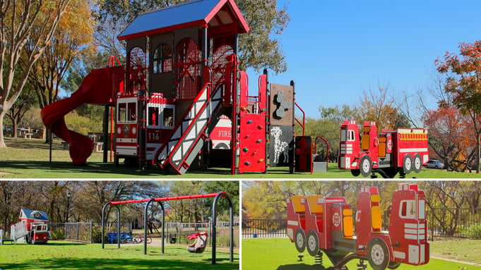 Harold K. Bessire Park firefighter-themed playground in Carrollton, TX — installed by Whirlix Design