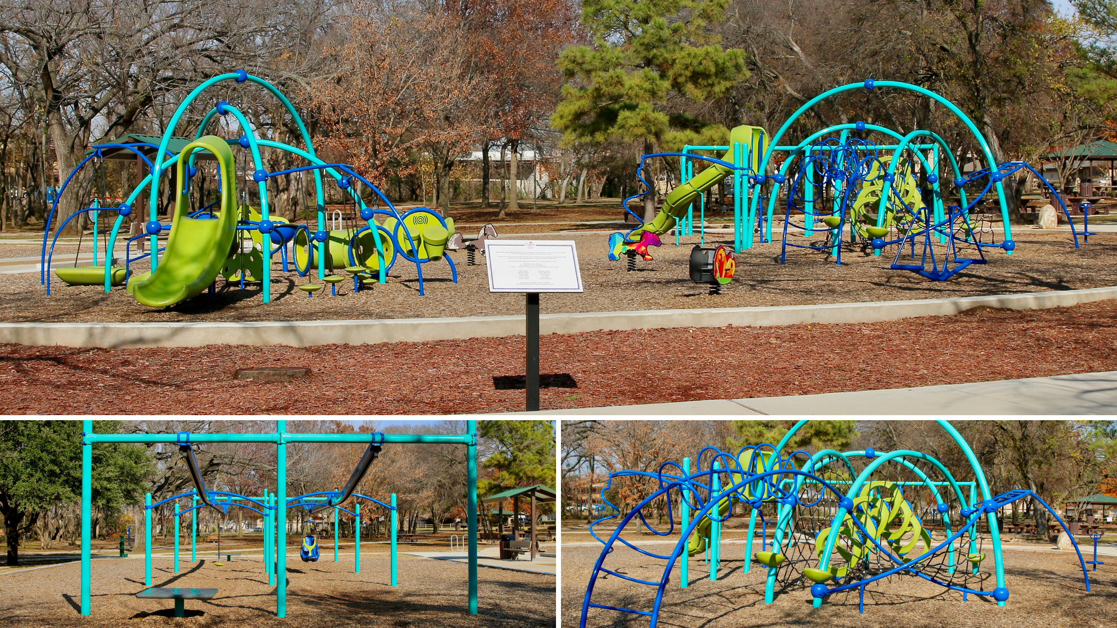 Landscape Structures Evos® and Weevos® playground at J.A. Carr Park in Euless, Texas, featuring an O-Zone® climber, Ring Tangle® climber, and Helix Net® for children ages 2 to 12.