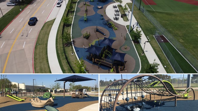 Quantis net climbing structure and accessible play equipment at Joe Perry Sports Complex in Plano, Texas