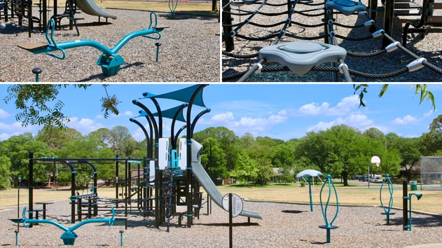 Landscape Structures Venti® play structure at Joe Skiles Park with 20 play activities designed for children ages 5 to 12.