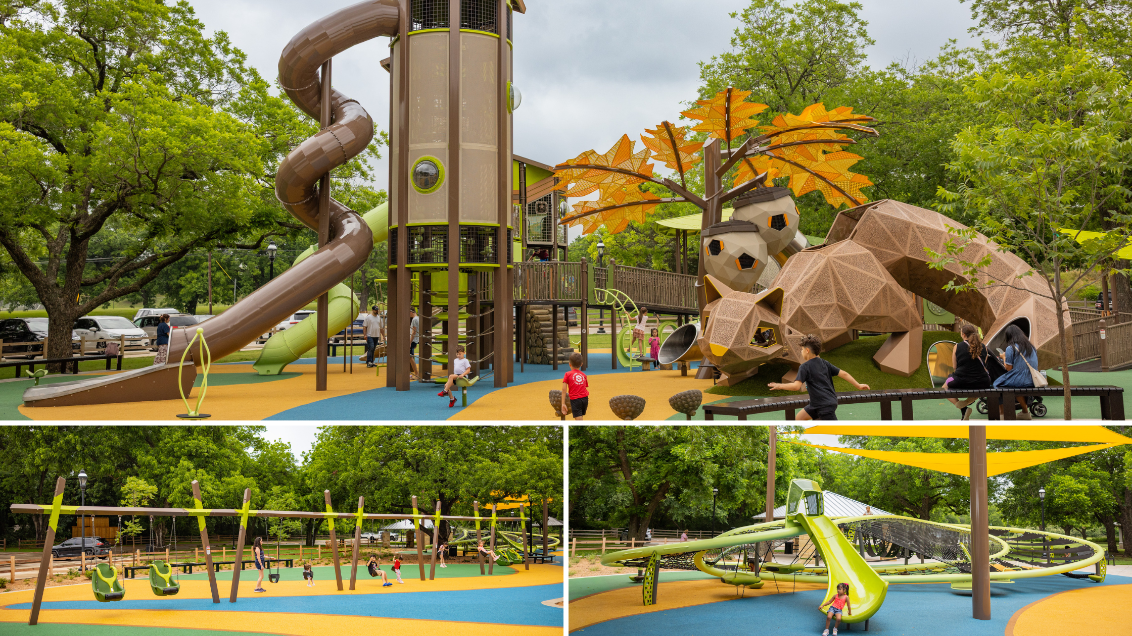 Landscape Structures PlayOdyssey® Tower and Quantis 8.2 net climbing structure at Katherine Rose Memorial Park in Mansfield, TX — an inclusive community playground designed for children of all abilities.