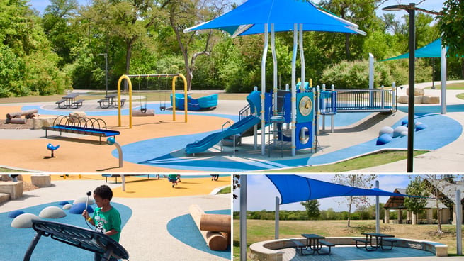 Net climber, wheelchair-accessible glider, and engineered shade system at Liberty Playground in Plano, Texas