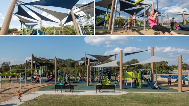 Little Elm Park playground with integrated SkyWays shade sails, climbing cables, and multi-age Landscape Structures play equipment.