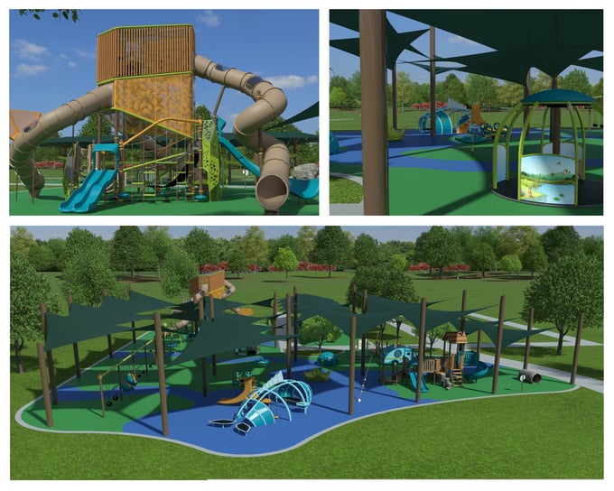 Aerial view of the Lehmann-Monroe Park playground renovation in Kerrville, Texas, featuring shade structures, tube slides, and the Volo Aire climbing tower