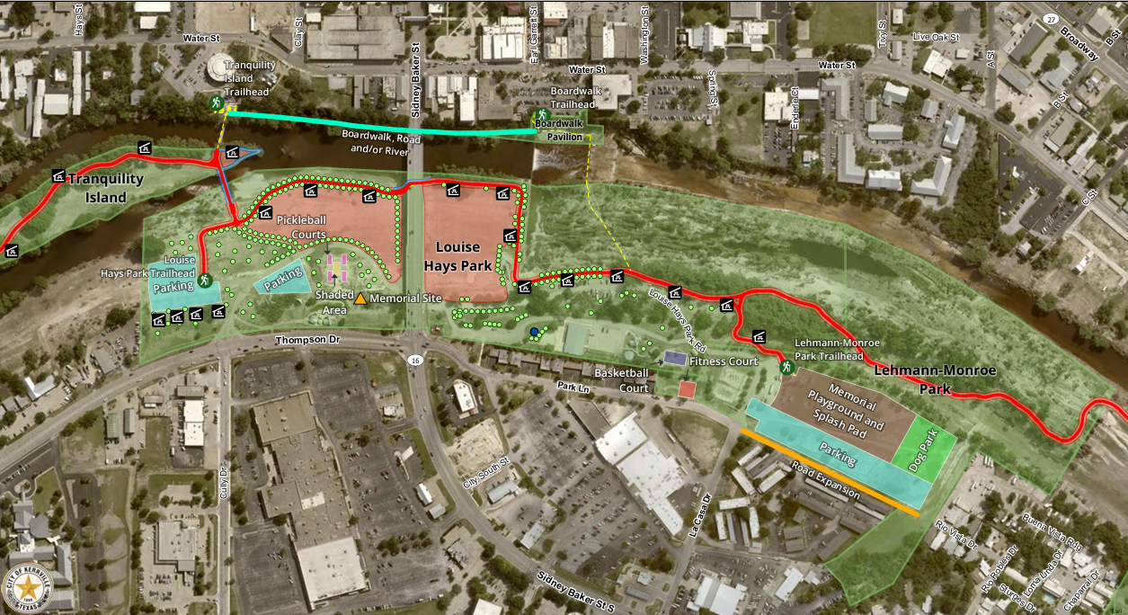 Site plan map showing the proposed layout of Louise Hays Park and Lehmann-Monroe Park in Kerrville, Texas, including trailheads, parking, and recreation areas