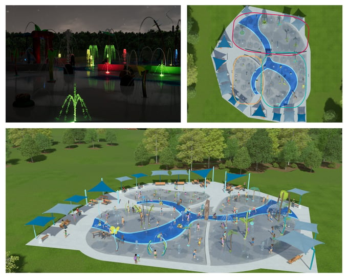 Aerial rendering of the Lehmann-Monroe Park splash pad in Kerrville, Texas, showing the full layout with shade structures and water play zones