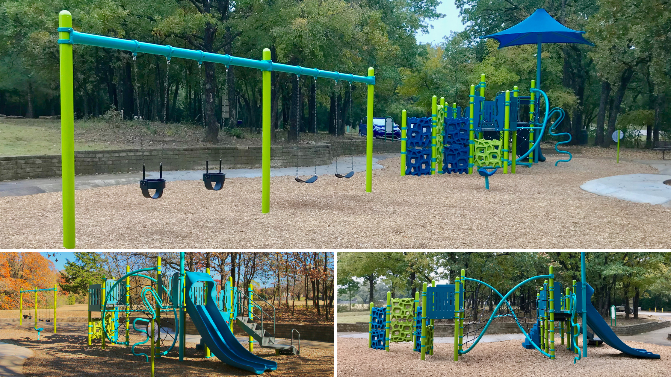PlayBooster® playground structure with CoolToppers® Pyramid shade roof at Marti Van Ravenswaay Park in Arlington, Texas, featuring a GeoPlex® climber and Double Swoosh® slide.