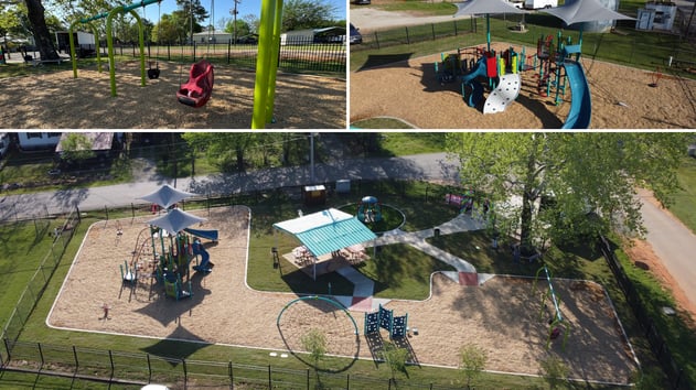 Landscape Structures PlayBooster main structure with integrated shade surrounded by freestanding play elements at Matthews Park, one block from Downtown Aubrey, Texas