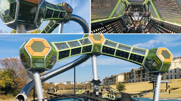 Hedra Towers playground system at McCord Park in Little Elm, TX — geometric climbing structures with slides, tunnels, and overhead events.