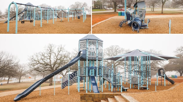 McKenna Park playground in Denton, Texas, featuring a multi-level PlayOdyssey Tower, ZipKrooz zip line, and Netplex climbing structure by Landscape Structures.