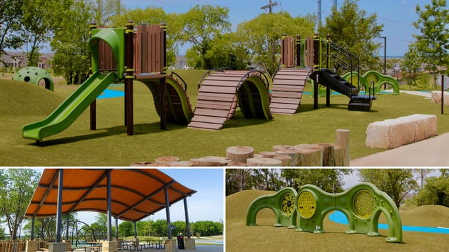Monarch butterfly-themed playground with ZipKrooz zipline, PlayBooster structures, and custom hill slide at Monarch View Park in Frisco, Texas