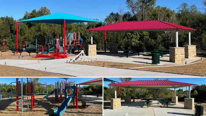 A compact PlayBooster® play structure for ages 5–12 with climbers and a slide, a single-bay swing set, and a large SkyWays® shade structure at Mallard Pond Park, Pflugerville, TX.