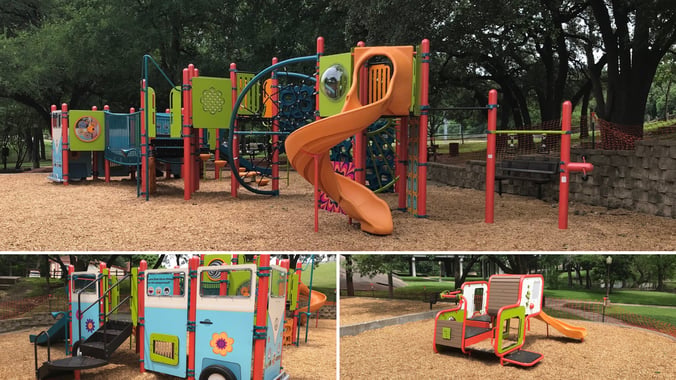 Colorful Smart Play® Cube playground structure at Memorial Park in Round Rock, Texas, featuring a custom Digifuse® Volkswagen Van theme, climbing elements, and play panels designed for children ages 2 to 5.