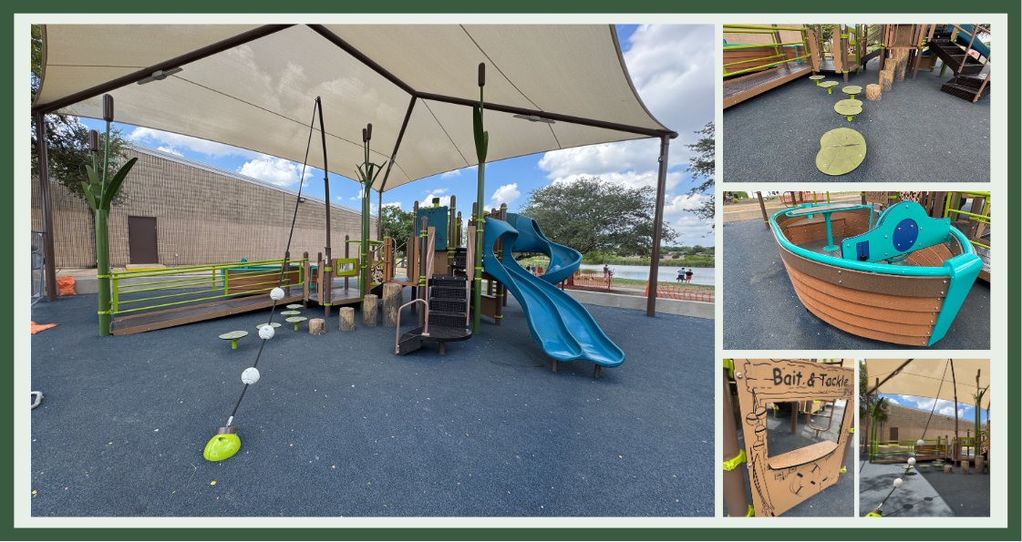 Miller's Pond Park playground in San Antonio, TX, with cattail posts under a shade sail, lily-pad steppers, a fishing-boat glider and a Bait & Tackle play panel.