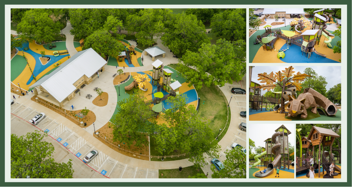 Aerial and detail views of Katherine Rose Memorial Park in Mansfield, TX, featuring a geometric squirrel climber, a log tunnel, treehouse-style play towers and shaded seating.