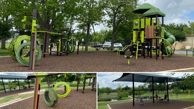 Modern playground at Morris Memorial Park in Elgin, Texas featuring a 10-foot PlayOdyssey Tower, two-bay shaded swing set, and Fox Den Hangout pods, with green, brown, and tan equipment set against poured-in-place safety surfacing with concrete borders.