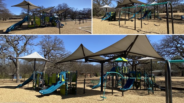 Nette Shultz Park playground featuring a Landscape Structures PlayBooster® structure, a toddler play zone, and expansive shade structures.