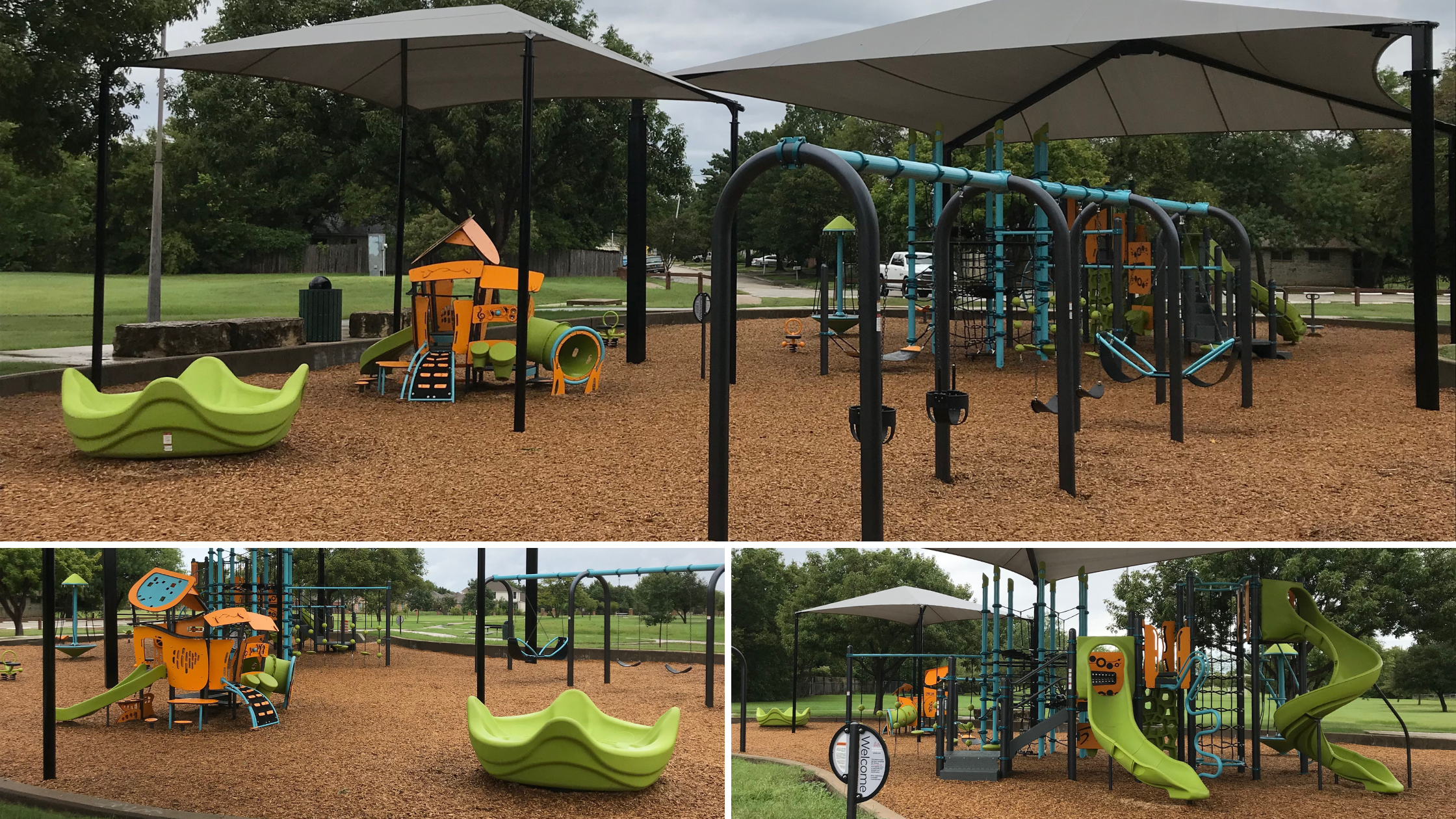 PlayBooster® Netplex® playground structure at Norich Park in North Richland Hills, Texas, featuring multi-level webbed net climbing for children ages 2 to 5.
