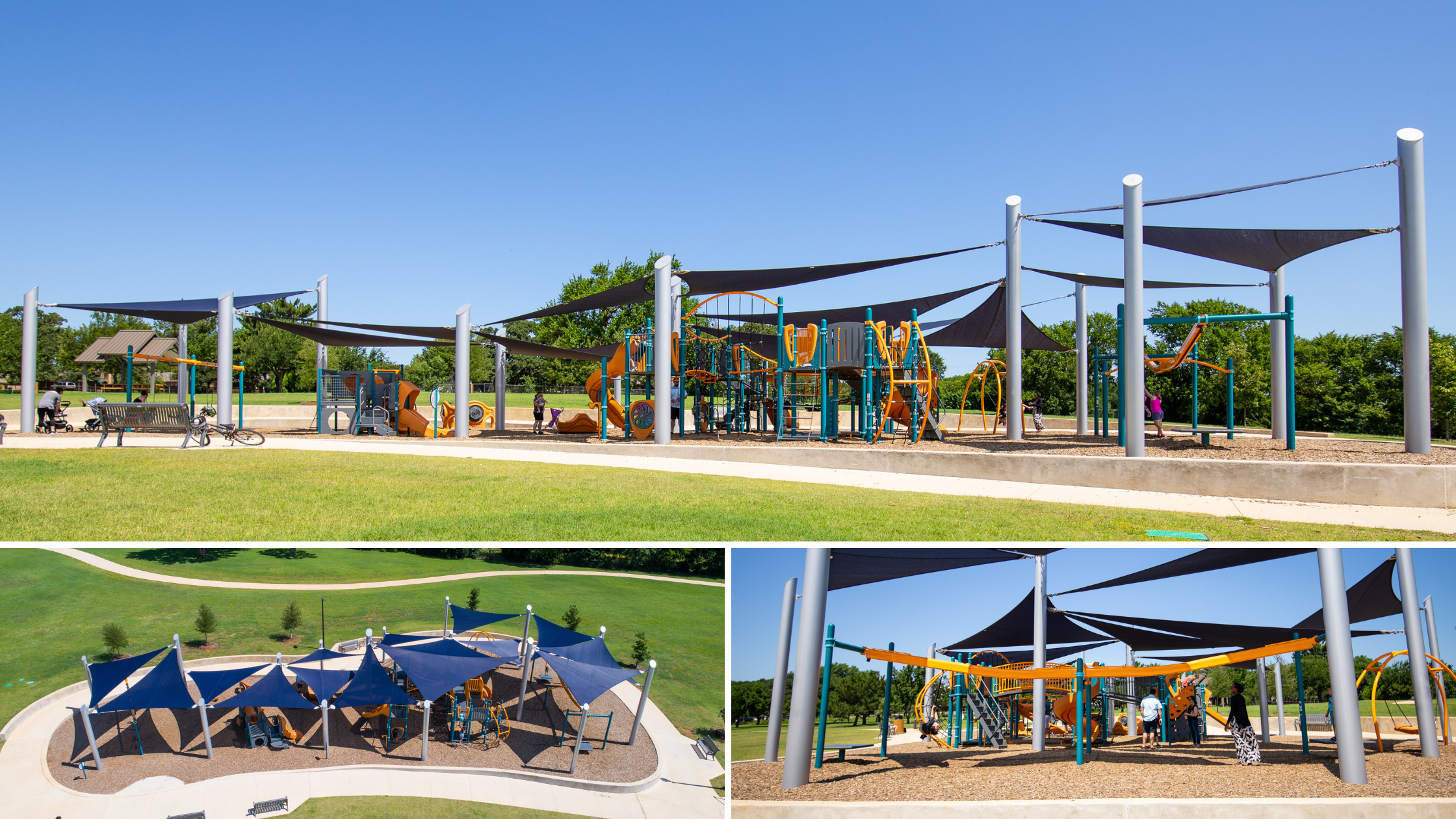 Northfield Park playground in North Richland Hills, Texas, featuring age-separated play structures for children 2–5 and 5–12 with ZipKrooz®, OmniSpin® spinner, and SkyWays® commercial shade sails.