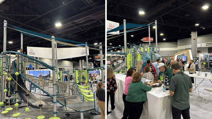 Whirlix Design team presenting the Smart Play® Volo™ and LSI Flexx™ steel-reinforced cable netting at the NRPA Conference in Atlanta, Georgia.